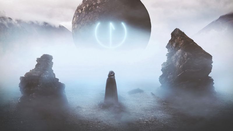 silhouette, altar, rune, symbol, stone, shining, 4k