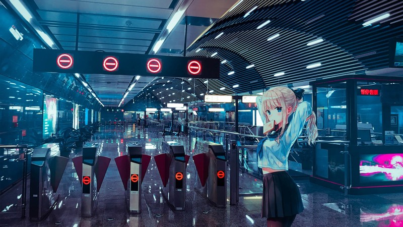 anime girls, anime, picture-in-picture, train station, anime_irl