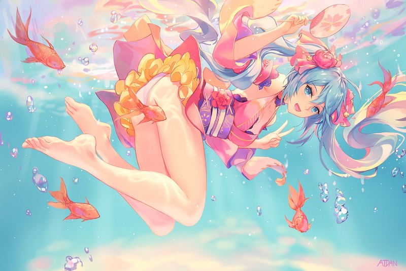Hatsune Miku, underwater, goldfish, Atdan, Vocaloid, anime