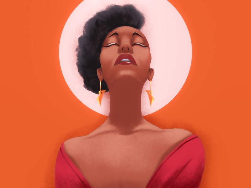 glowing, orange background, Moon, Afro, artwork, women, earring, ebony
