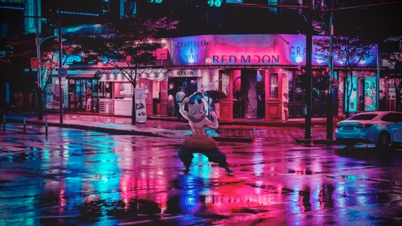 Kimetsu no Yaiba, Inosuke Hashibira, anime, city, night, neon, anime_irl