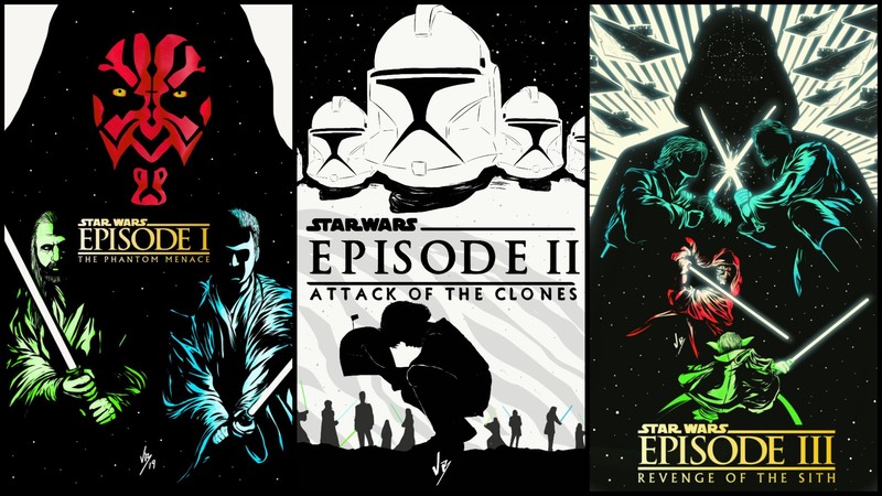 Star Wars, Trilogy, star wars: episode I - The phantom menace, Star Wars: Episode III - The Revenge of the Sith, Star Wars: Episode II - Attack of the Clones, digital art, artwork, Darth Vader, Darth Maul, stormtrooper, Obi-Wan Kenobi, Qui-Gon Jinn, Anakin Skywalker, Boba Fett, Yoda