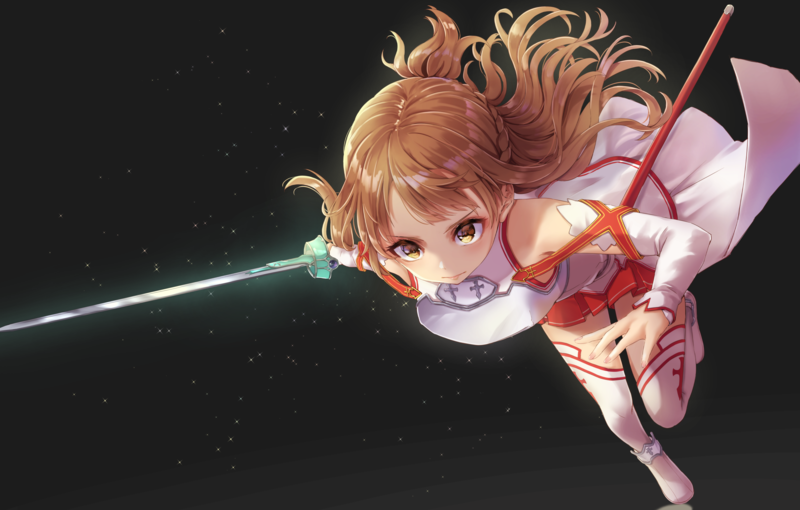 Yuuki Asuna, Sword Art Online, anime, anime girls, bangs, braided hair, dress, thigh-highs, sword, warrior girls, dark background, simple background, sparks, detached sleeves, 2D, artwork, drawing, digital art, illustration, fan art, Pixiv