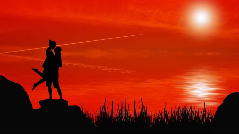 silhouettes, couple, kiss, passion, 4k