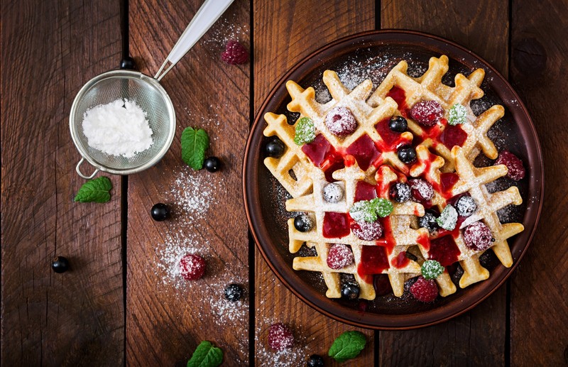 food, sweets, fruit, berries, sugar, waffle, raspberries, blueberries, mint leaves, wooden surface, top view