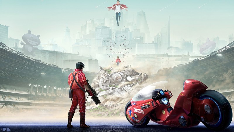 Akira, Shotaro Kaneda, Tetsuo Shima, motorcycle, digital art, cartoon