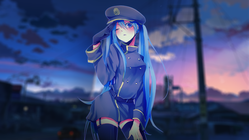 blue hair, hat, blue eyes, anime girls, anime