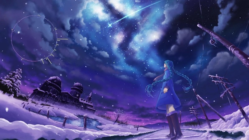 anime, snow, power lines, shooting stars, fence, ponytail, stars, low-angle