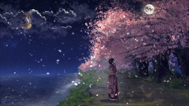 anime, flowers, stars, Moon, sea, grass, boat