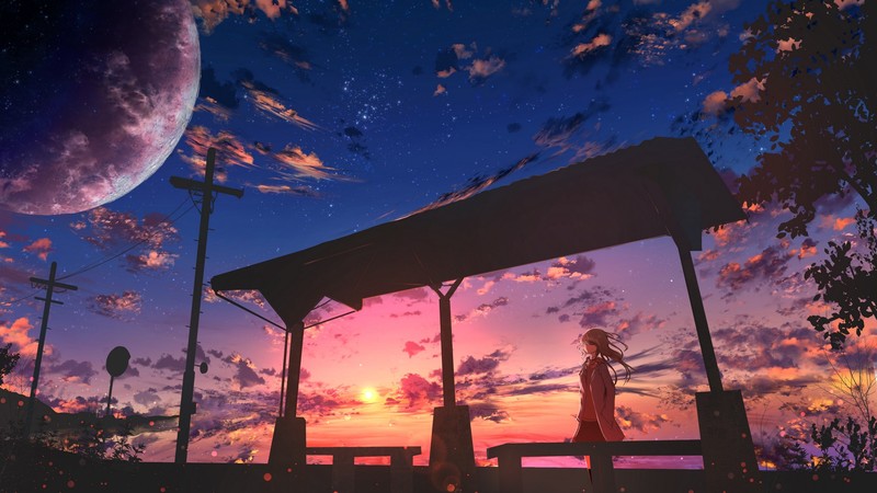 anime, bus stop, power lines, bench, sunset, moescape, low-angle