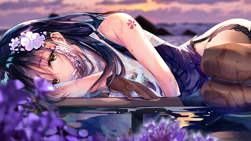 long hair, stockings, anime, wet clothing, wet hair, anime girls