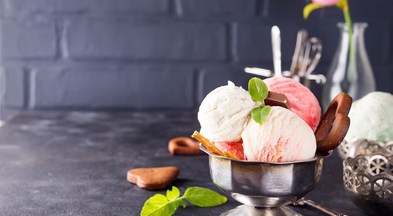 food, dessert, ice cream, leaves