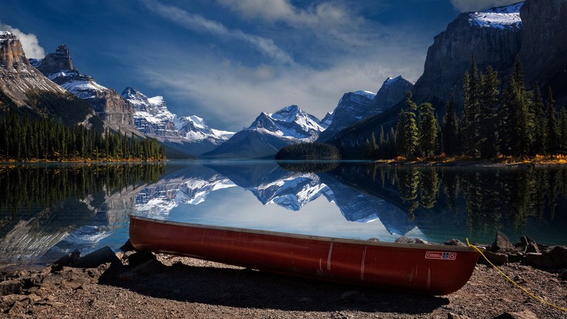 landscape, Canada, nature, reflection, mountains, photography, boat, clouds