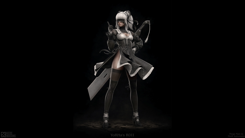 Nier: Automata, 2B (Nier: Automata), NieR, 2B, video game characters, human android, video games, black background, white hair, digital art, blindfold, gloves, sword, leggings, black dress, moles, fantasy weapon, cleavage, finger pointing, zettai ryouiki