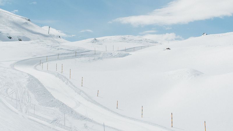 mountains, descent, ski slope, snow, winding, 4k