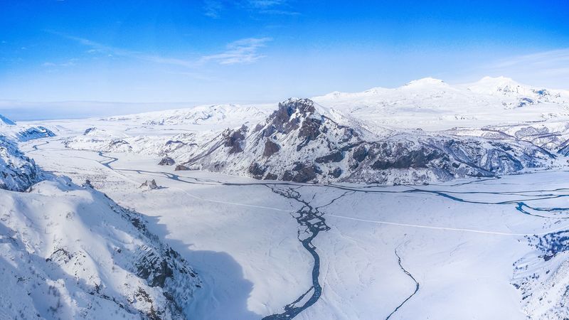 mountains, streams, snowy, frozen, height, 4k