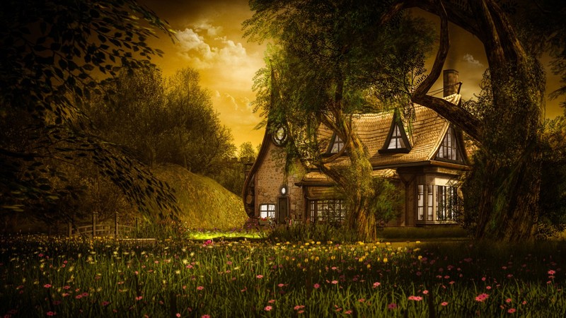 trees, tree bark, forest, fantasy art, house, field, flowers, clouds, fairy tale