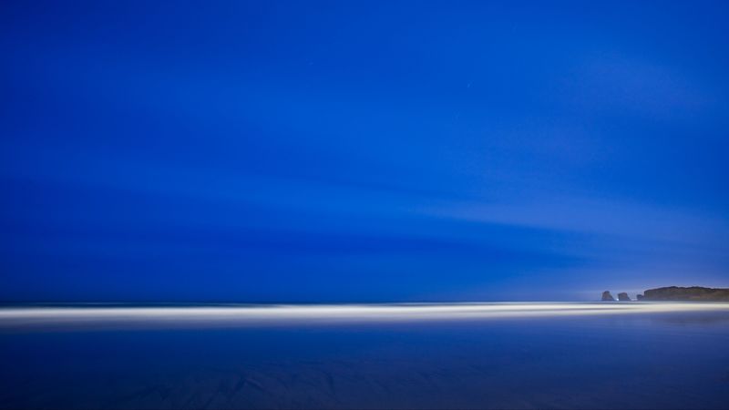 coast, beach, shallow, horizon, evening, blue, 4k