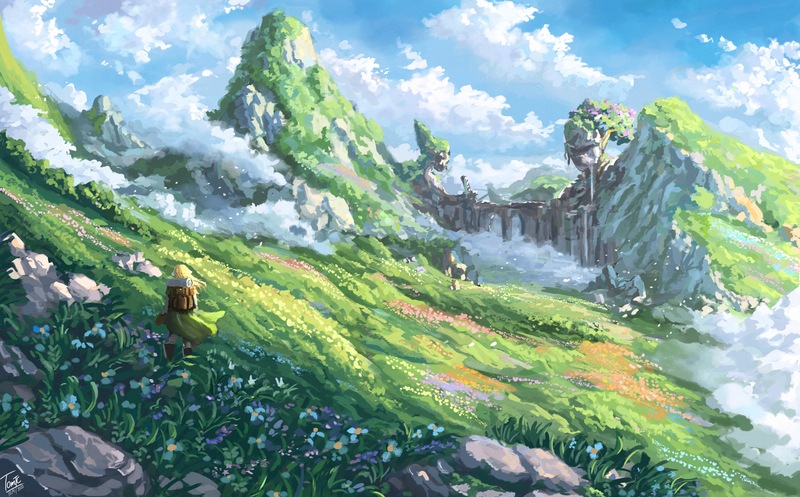TomTC, mountains, nature, clouds, flowers, grass, digital art, fantasy art, traveller, backpacks, women
