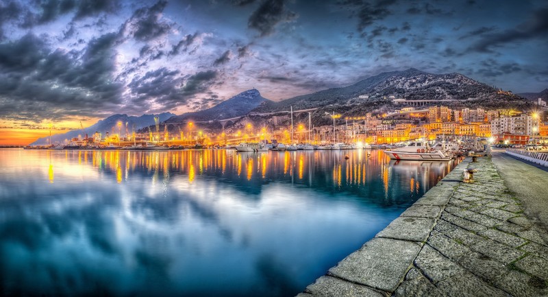 sky, water, cityscape, lights, Salerno, Italy, HDR