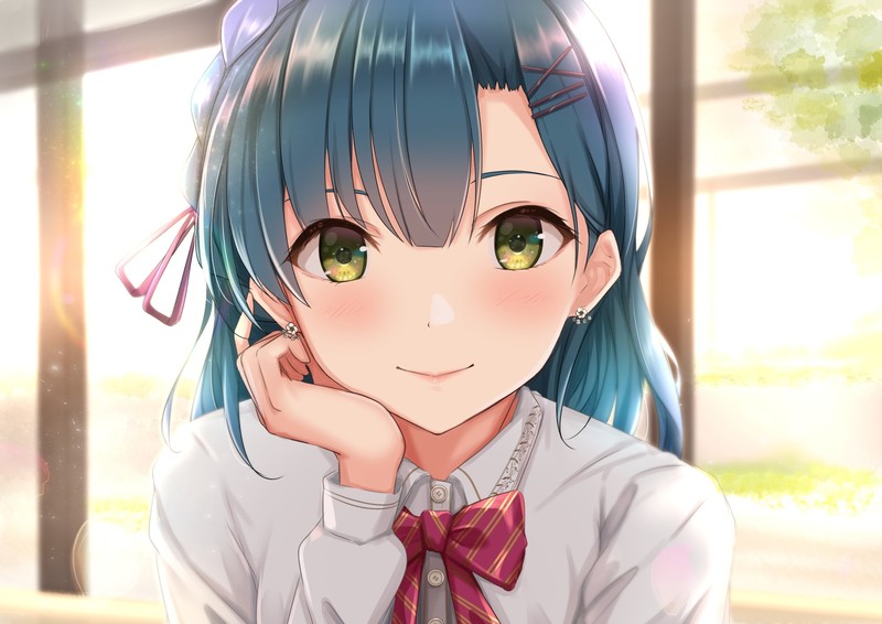 anime, anime girls, smiling, looking at viewer, yellow eyes, face, blue hair