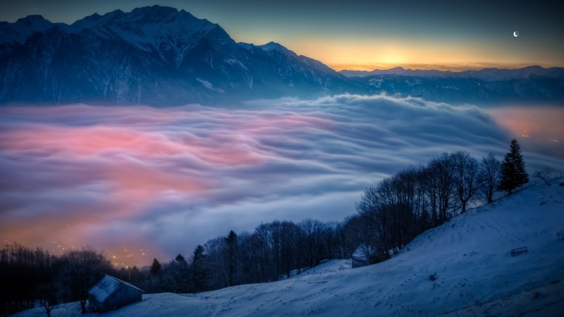 clouds, mountains, winter, snow, sunset, Moon