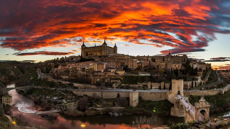 Toledo, river, sunset, clouds, Spain