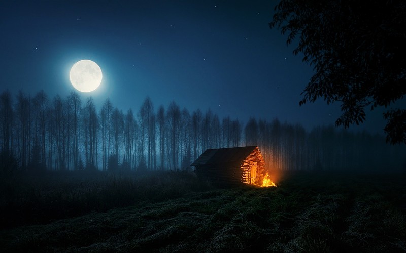 moon phases, stars, nature, sky, night, trees, moonlight, cabin, fire