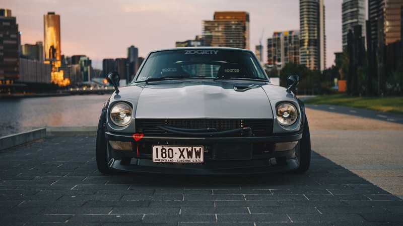 Nissan S30, Nissan Fairlady Z, Datsun 240Z, Japanese cars, JDM, sports car, Datsun, Nissan, city, silver cars, car, vehicle, vehicle front, bolt-on fender flares, frontal view, grey cars, outdoors