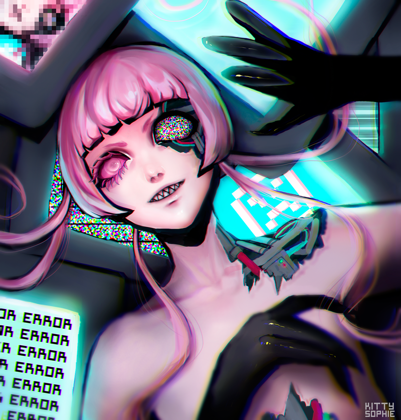 Kitty Sophie, corruption, glitch art, cyber, pink hair, artwork, cyan