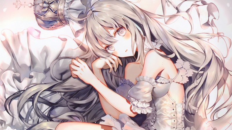 dress, crown, silver hair, long hair