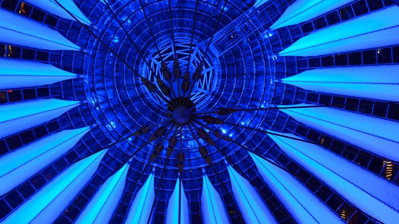 architecture, ceiling, dome, symmetric, geometric, blue, 4k