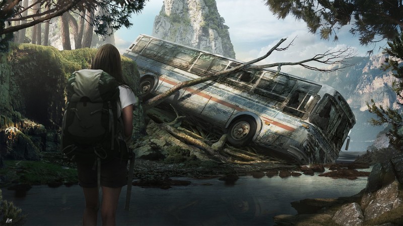 digital, digital art, apocalyptic, buses, women, backpacks, artwork
