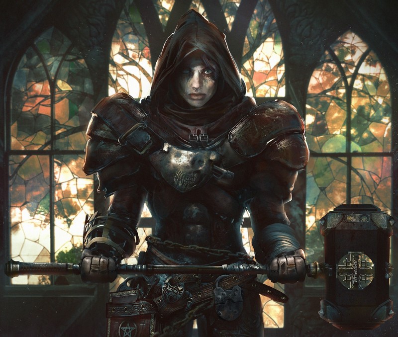 digital, digital art, Armored, fantasy art, hammer, frontal view
