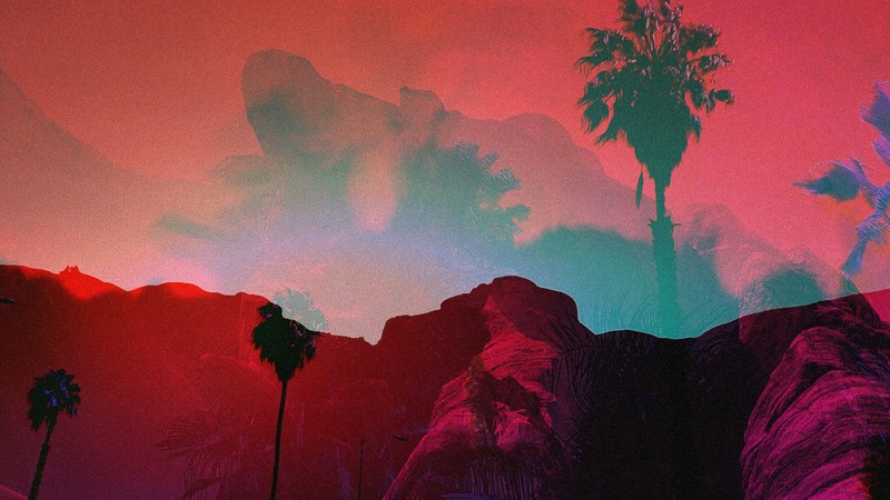 palm trees, vaporwave, digital art, colorful, rock