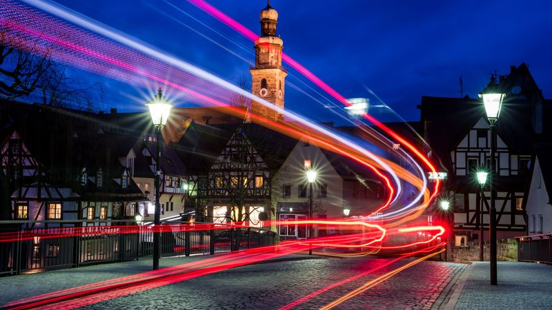 lights, long exposure, movement, turn, night, 4k