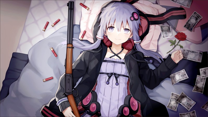 anime girls, shotgun, rose, bed, anime