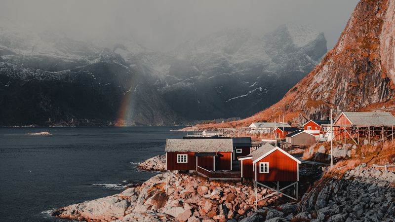 houses, mountains, fog, rainbow, lofoten, norway, 4k