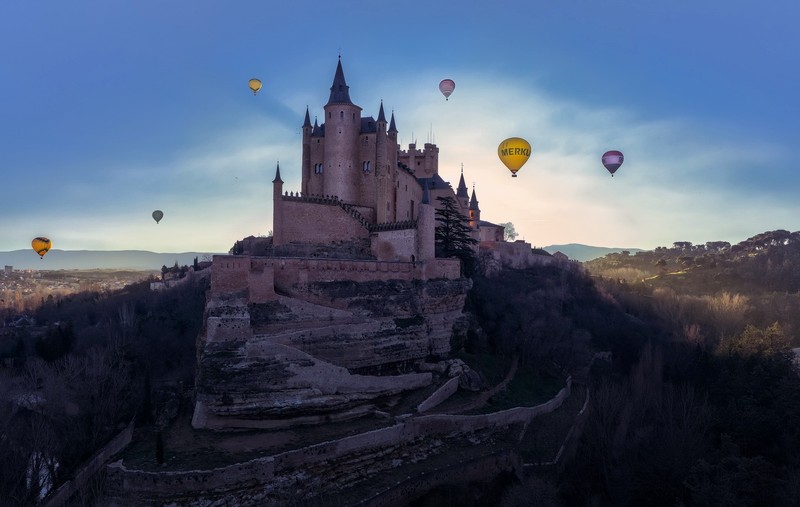 castle, Spain, sky, hot air balloons