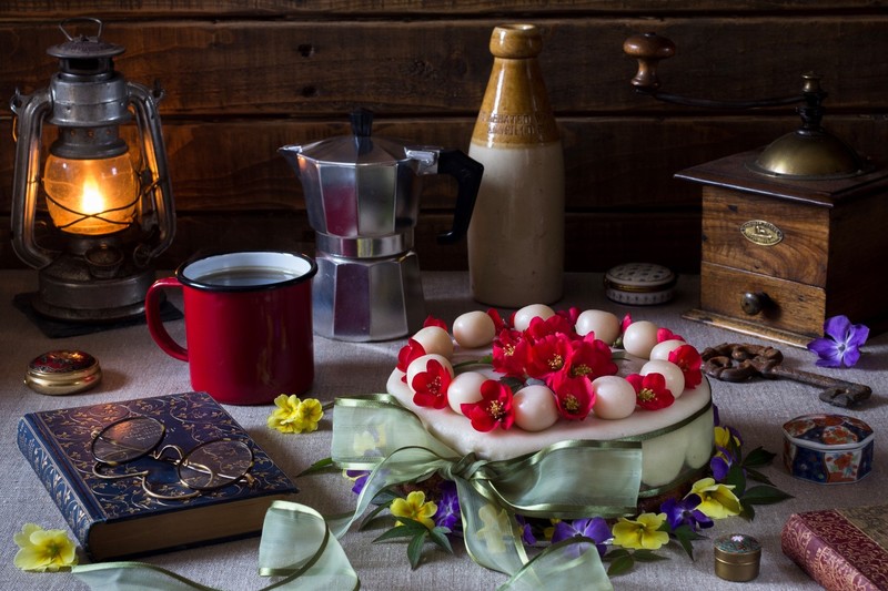 still life, cake, Easter, food, sweets, lantern, warm light