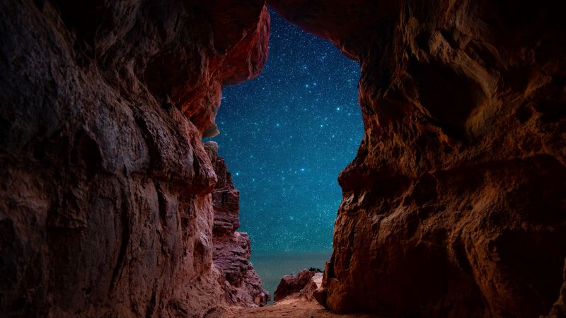 cave, starry sky, stars, rocks, desert, 4k