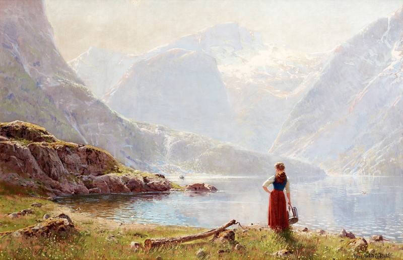 painting, artwork, river, rocks, hills, mountains, water, log, snowy peak, women, dress, flowers