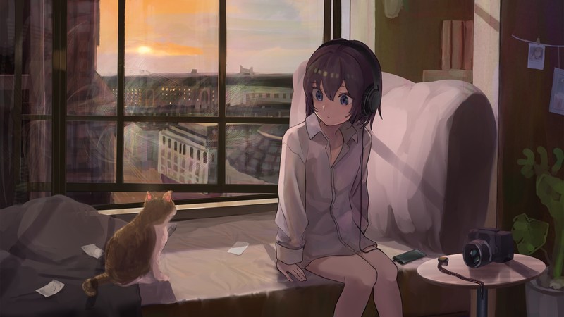 anime, artwork, cats, window, headphones, animals, anime girls, indoors