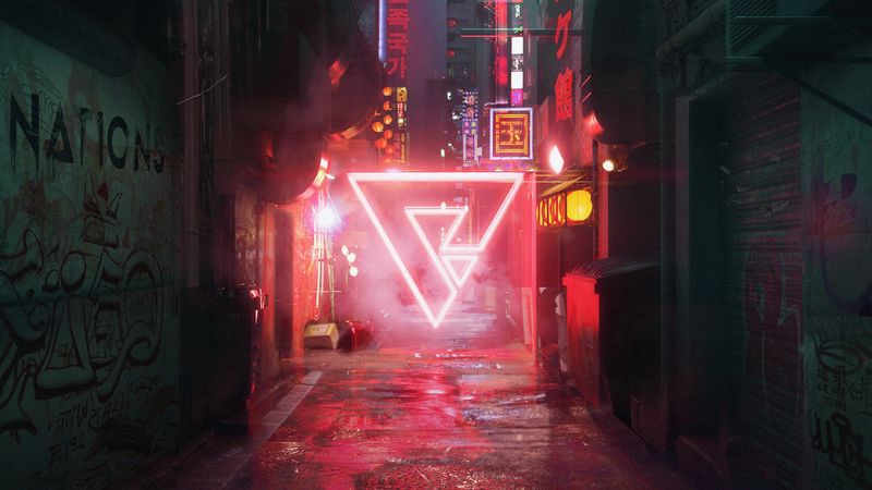 street, triangle, cyberpunk, neon, 4k
