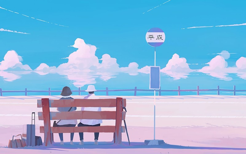 anime, artwork, bench, sky, sign, clouds, outdoors