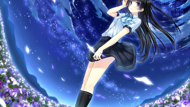 anime, inbetweening, miniskirt, sky, flowers, anime girls, blue eyes, long hair, dark hair, low-angle