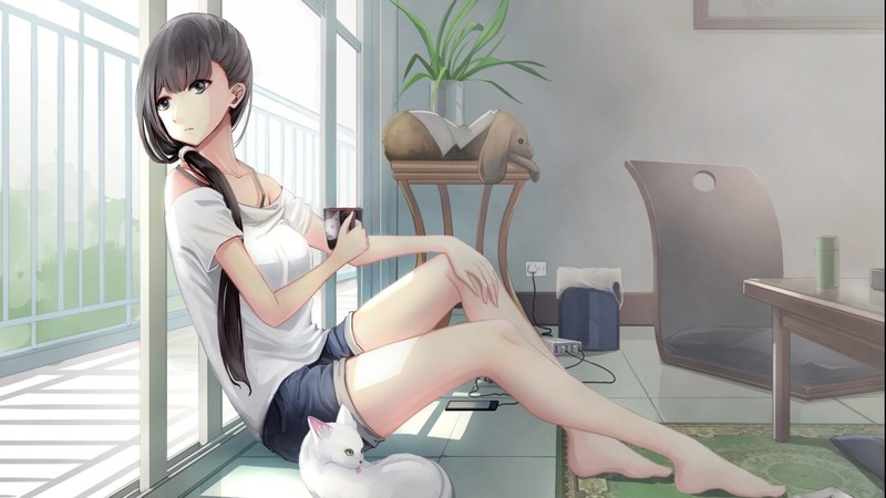 room, anime, animado, anime girls, legs, indoors, cup