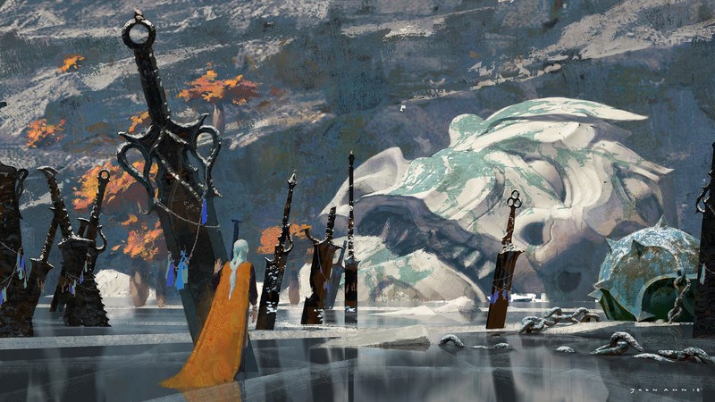 Joon Ahn, digital art, fantasy art, sword, frozen lake, statue, artwork, lance