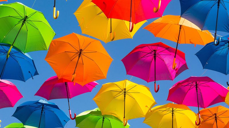 umbrella, colorful, positive, sky, rainbow, bright, 4k