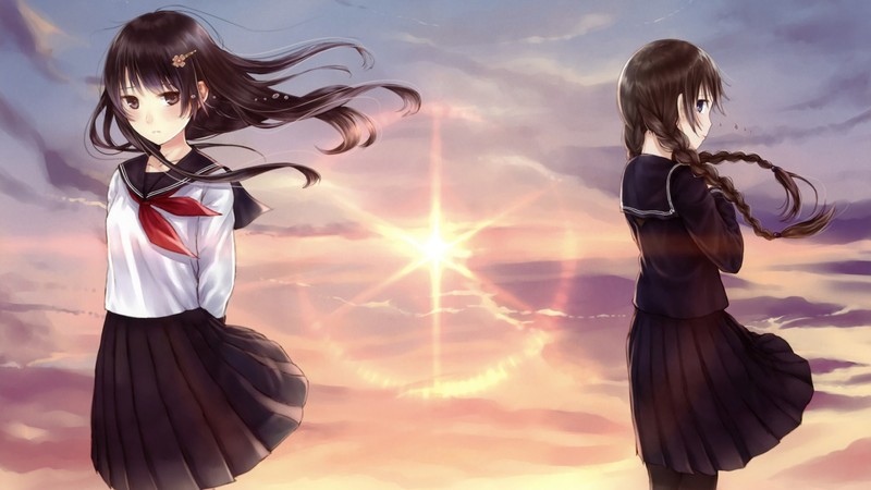 anime, inbetweening, anime girls, Sun, school uniform